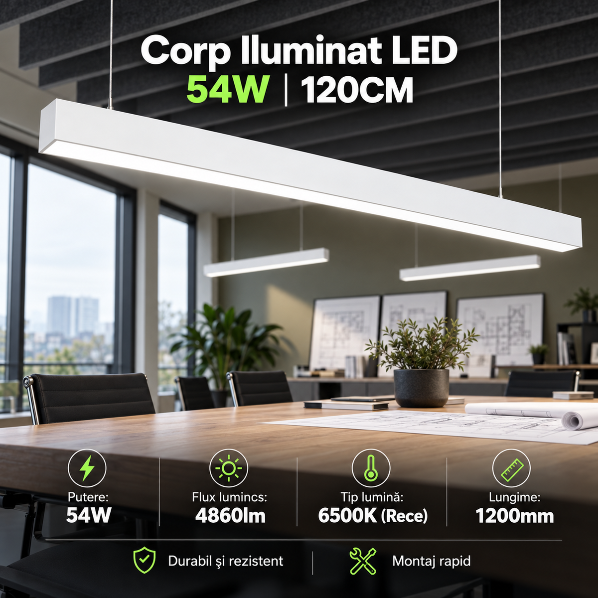 Corp Iluminat LED Liniar 54W 120cm Suspendat/Aplicat Alb