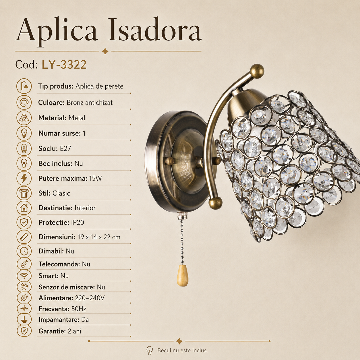 Aplica ISADORA Bronz Antichizat 1xE27 Intrerupator Lant