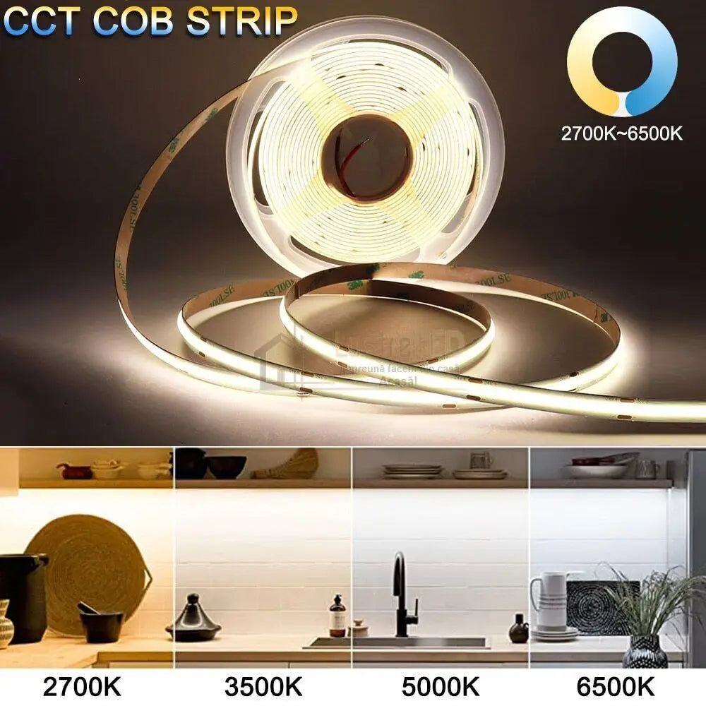 Banda LED 24V CCT COB 10 metri cu 3 Tipuri de Lumina lustreled.ro