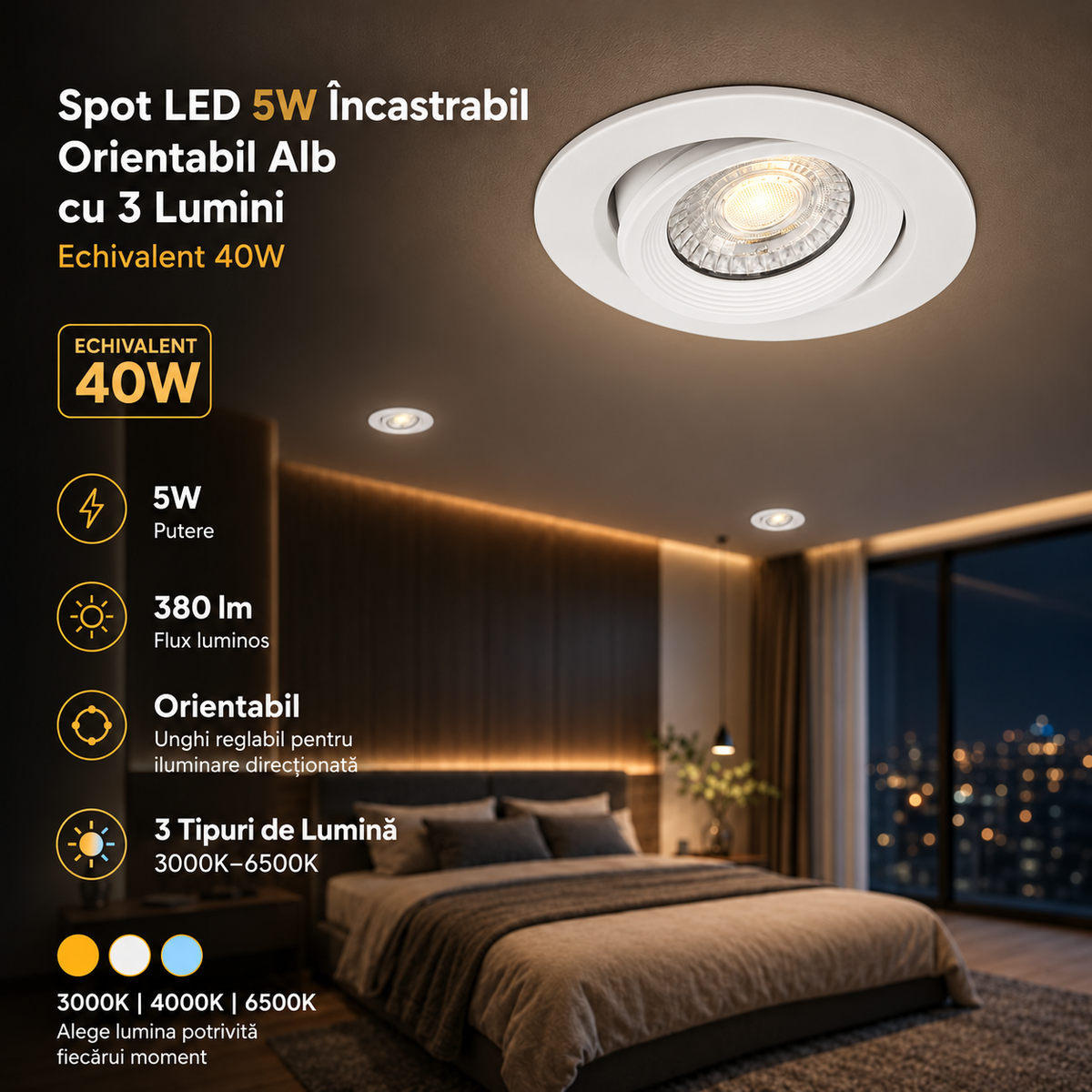 Spot LED 5W Incastrabil Orientabil ALB Echivalent 40W