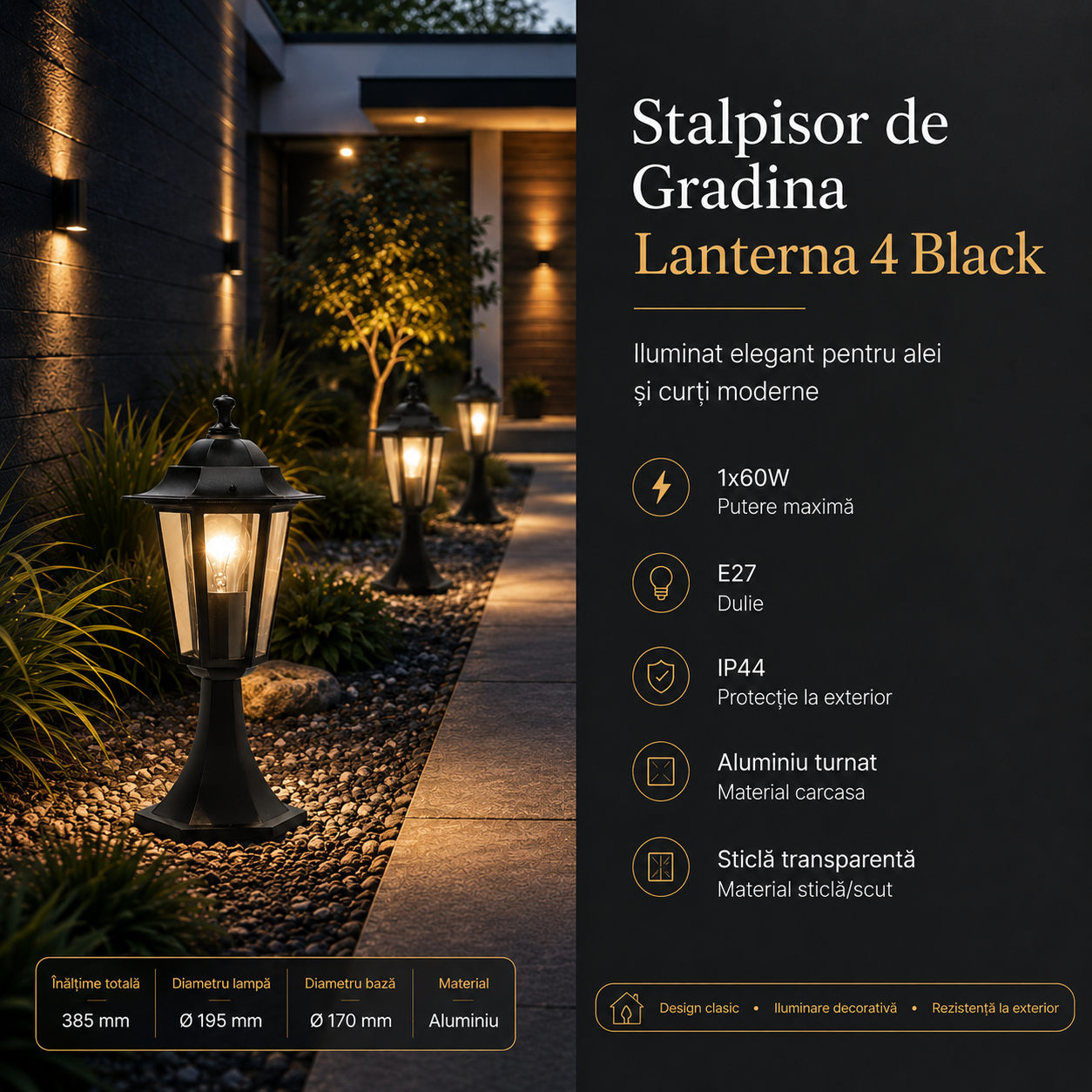 Stalpisor de Gradina Lanterna 4 Black 39CM, IP44, 1xE27