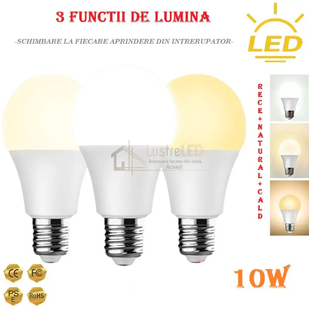 Bec Led E27 10W 3 Functii Glob Mat