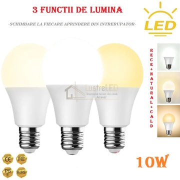 Bec LED E27 10W 3 Functii Glob Mat