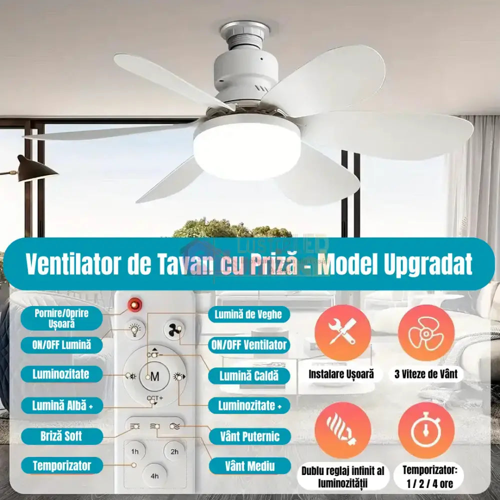 Bec LED E27 30W cu Ventilator, 3 Lumini si telecomanda lustreled.ro