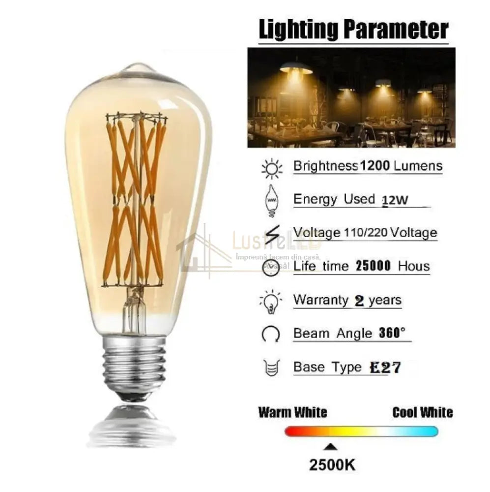 Bec Led E27 Vintage St64 12W Echivalent 100W Vintage Bulb