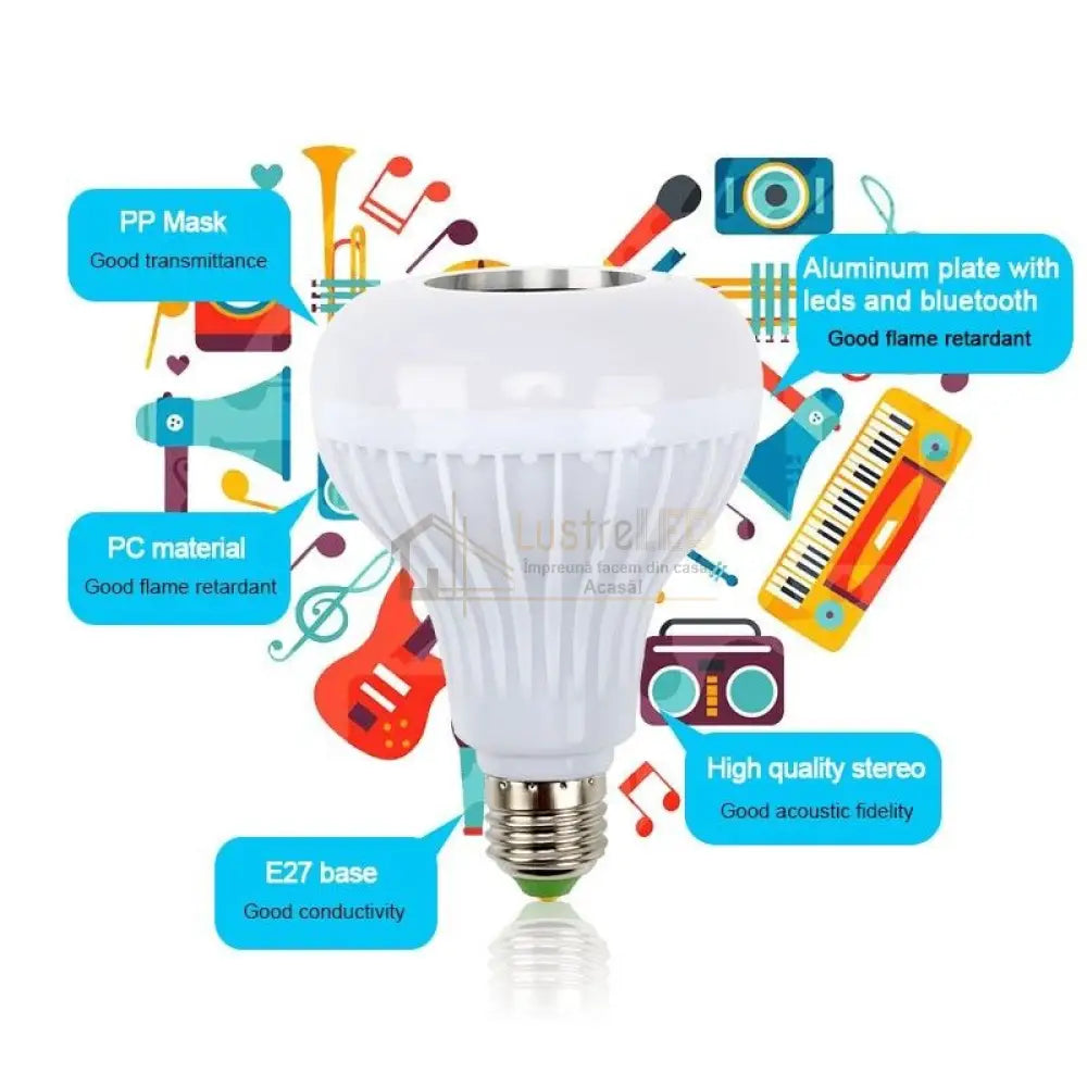 Bec Led Smart Rgb Cu Boxa Si Bluetooth Telecomanda