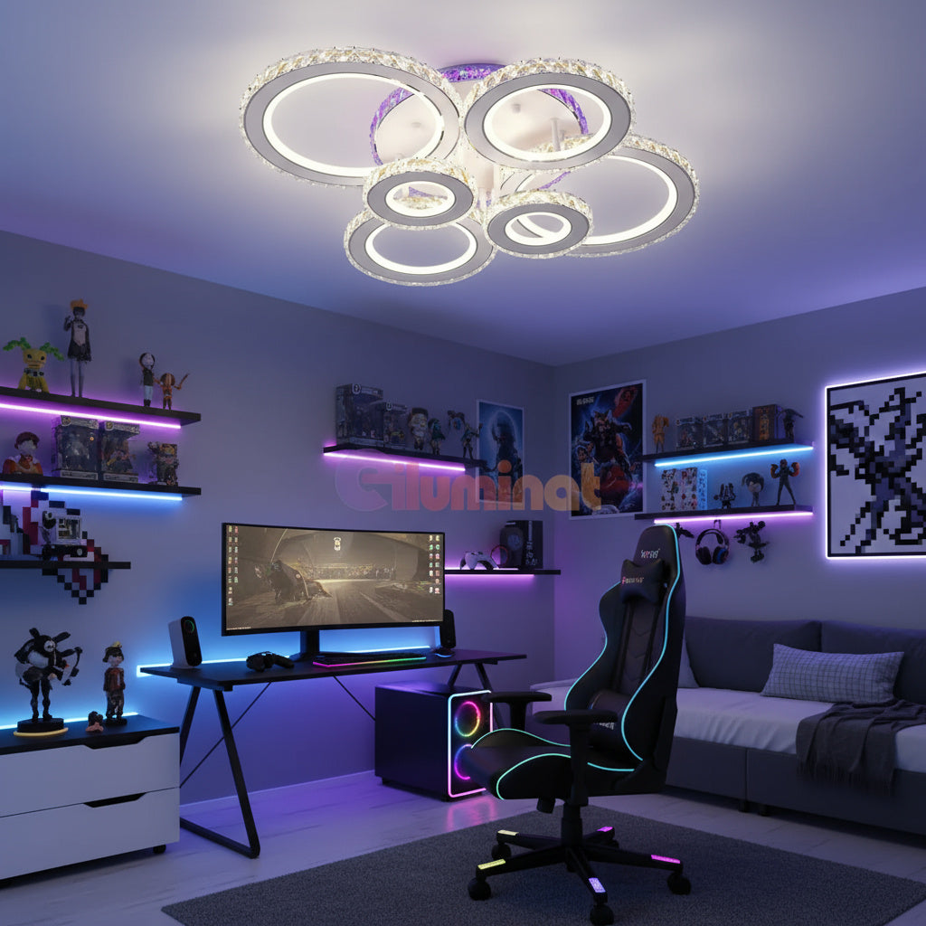 Lustra LED 6 CIRCLE Cristal Alba RGB Echivalent 800W Telecomanda