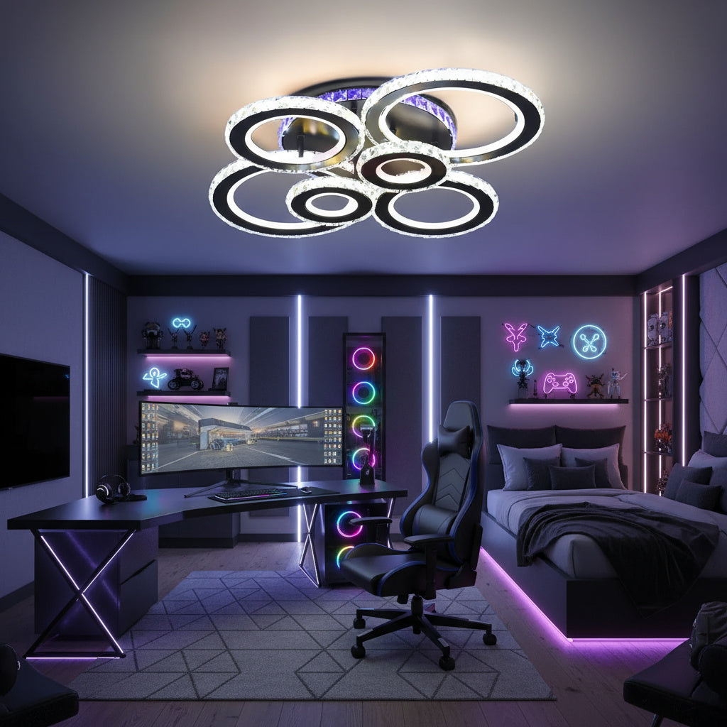 Lustra LED 6 CIRCLE Cristal Black RGB Echivalent 800W Telecomanda