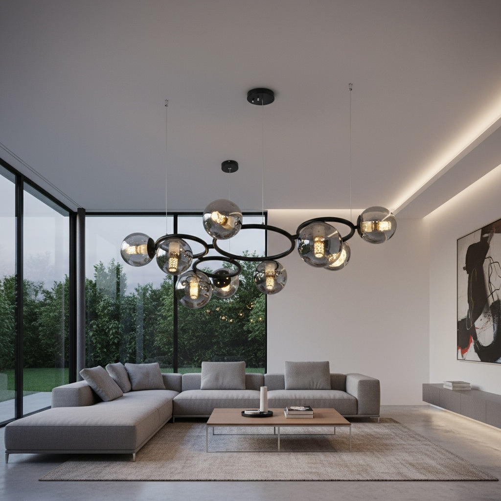 Lustra Suspendata DIONIS Circles Black Abajur Fumuriu 9xE27