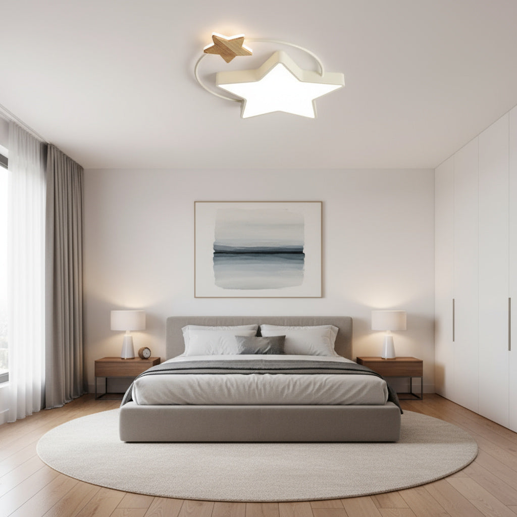 Lustra LED Modern STAR White & Wood Echivalent 350W Telecomanda