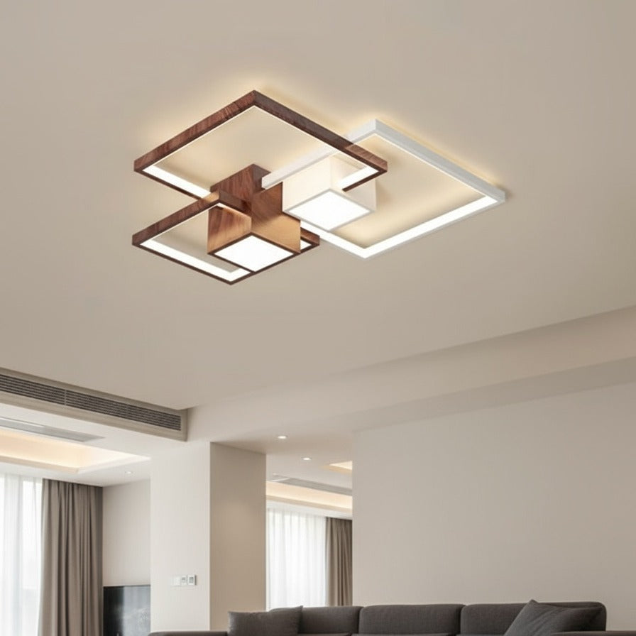 Lustra LED Squares White & Wood Echivalent 800W Telecomanda