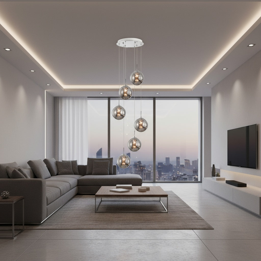 Lustra Suspendata LIMA Silver Abajur Fumuriu 6xG9