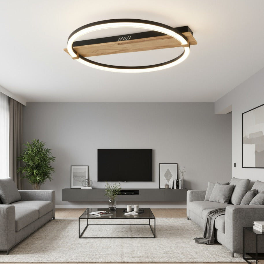 Lustra LED MONDEO Black & Wood Echivalent 350W Telecomanda