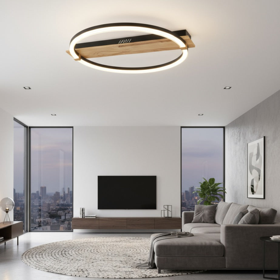 Lustra LED MONDEO Black & Wood Echivalent 350W Telecomanda