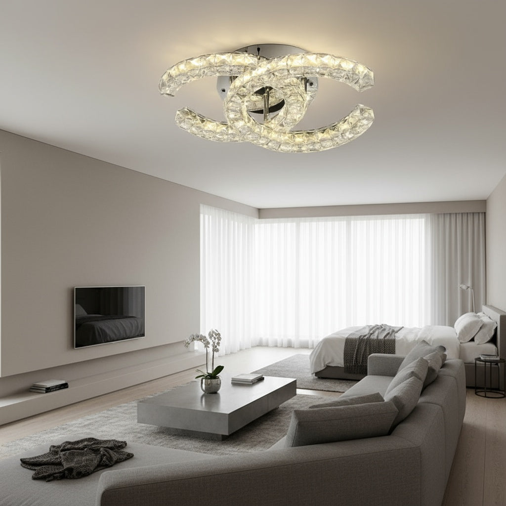 Lustra LED CRISTAL Double C Silver Echivalent 300W Telecomanda