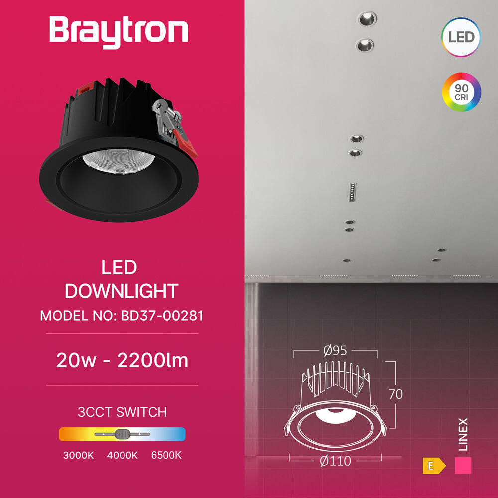 Spot LED 20W Incastrabil CCT Rotund Negru cu 3 Lumini ⌀11CM