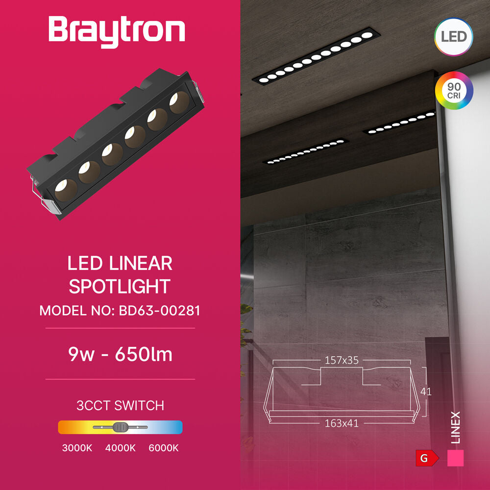 Spot LED Liniar Incastrabil CCT Negru cu 3 Lumini 16.3x4.1CM