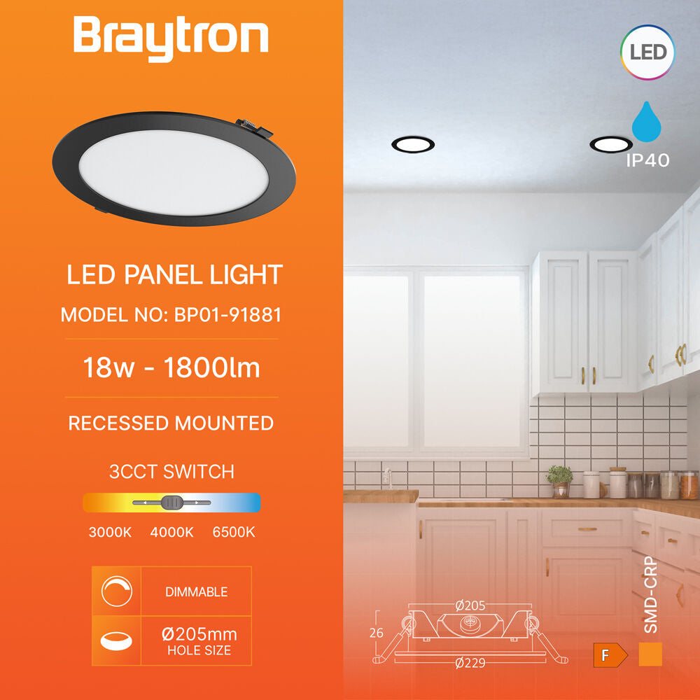 Spot LED 18W CCT Slim Rotund Negru / Dimabil / ⌀229mm / Incastrabil IP40 / 3 Lumini