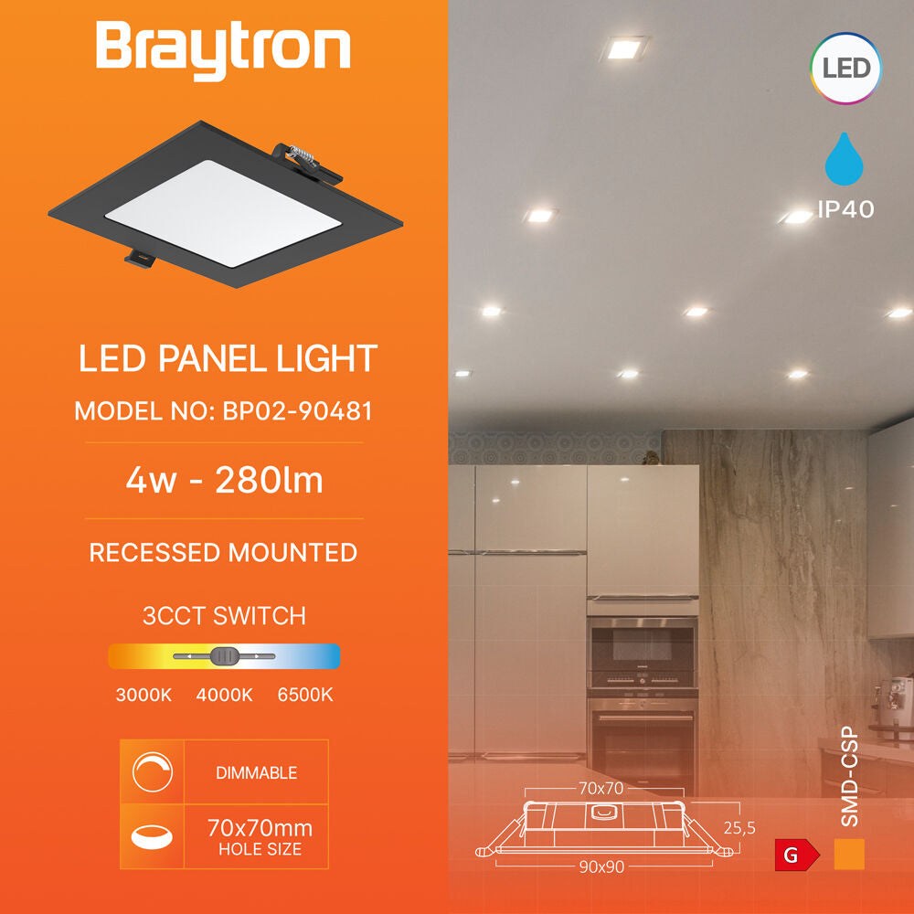 Spot LED 4W CCT Slim Patrat Negru / Dimabil / 90mm / Incastrabil IP40 / 3 Lumini