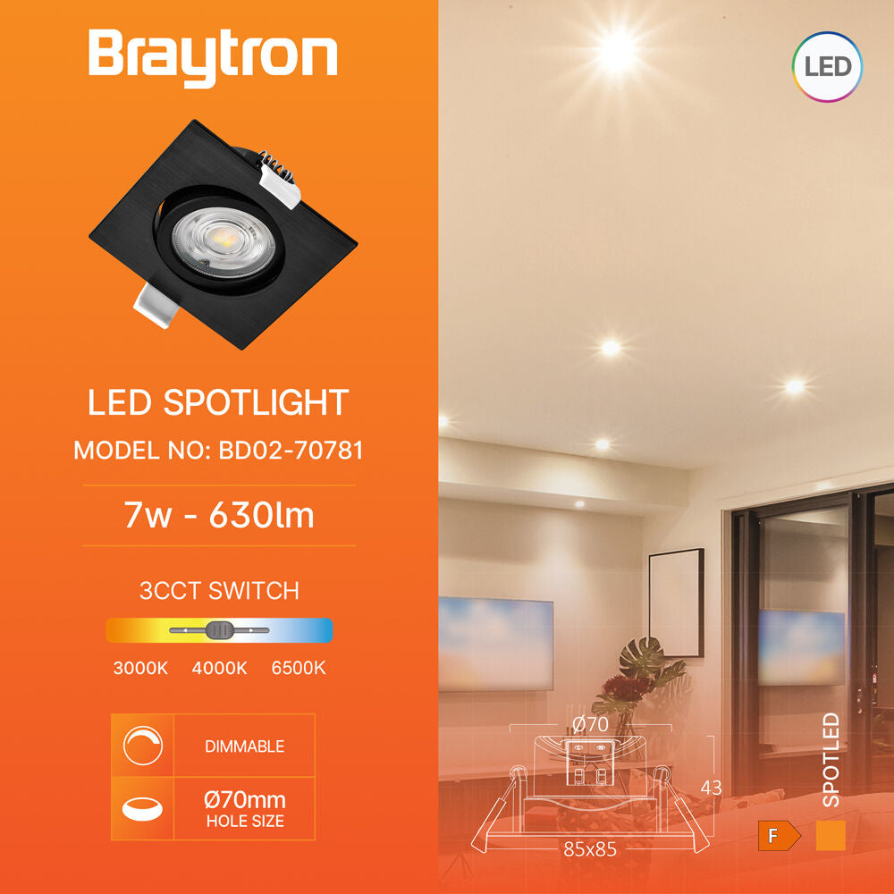 Spot LED Incastrabil Patrat Fascicul Reglabil Negru Dimabil cu 3 Lumini 8.5x8.5CM