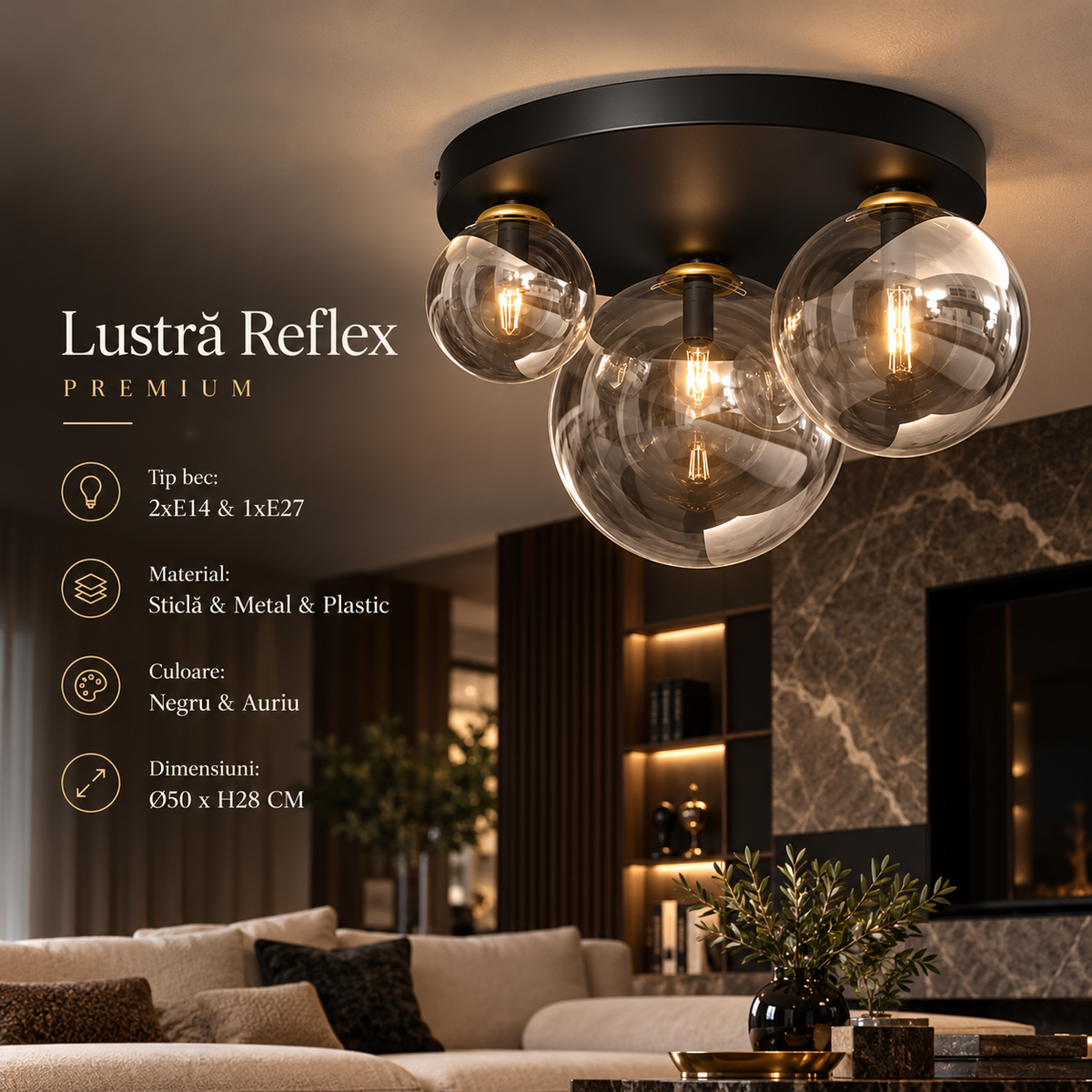 Lustra Reflex Black & Gold Premium 2xE14 + 1xE27