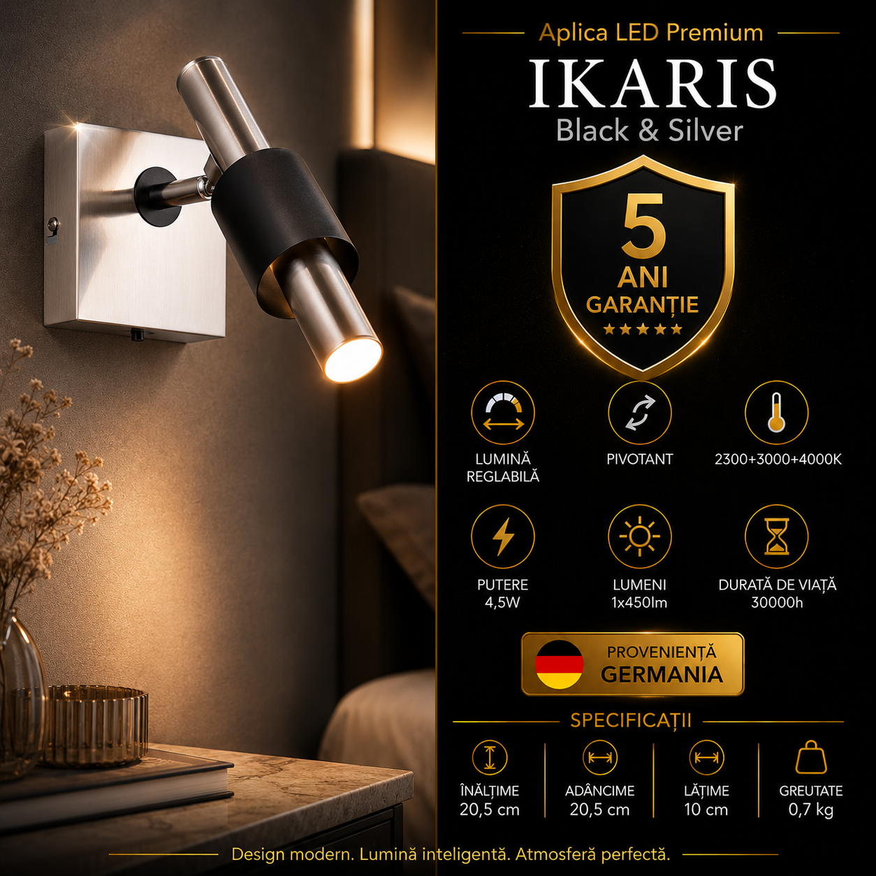 Aplica LED Premium IKARIS Black & Silver