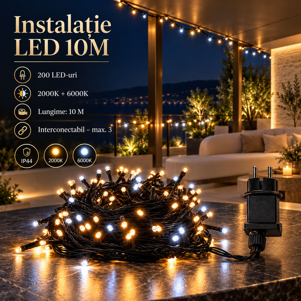 Instalatie LED Liniara 200 LED-uri 10M | Interconectabila | 2000K + 6000K | IP44