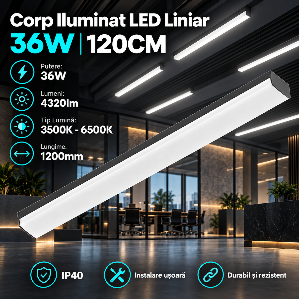 Corp Liniar LED Negru Proline 120 Cm 36W 4320lm CCT IP40