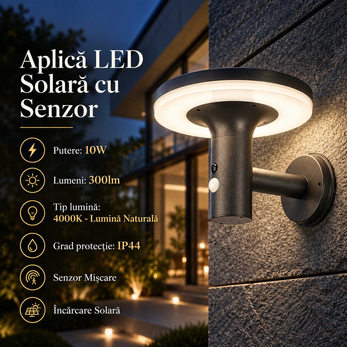 Aplica LED Exterior Premium ORLUX 10W cu Senzor, Solara