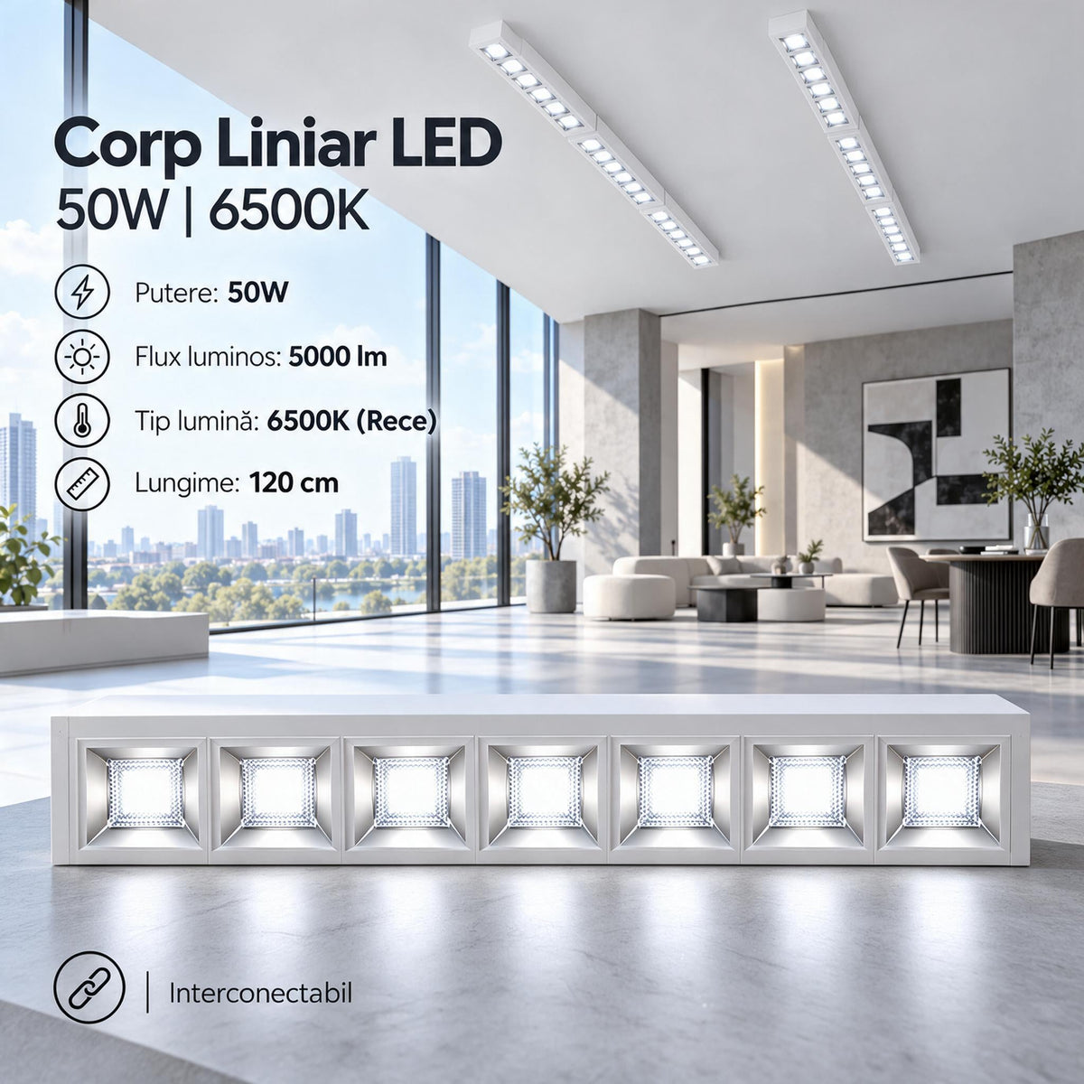 Corp Liniar LED Interconectabil Alb Moura 120CM | 50W | 6500K