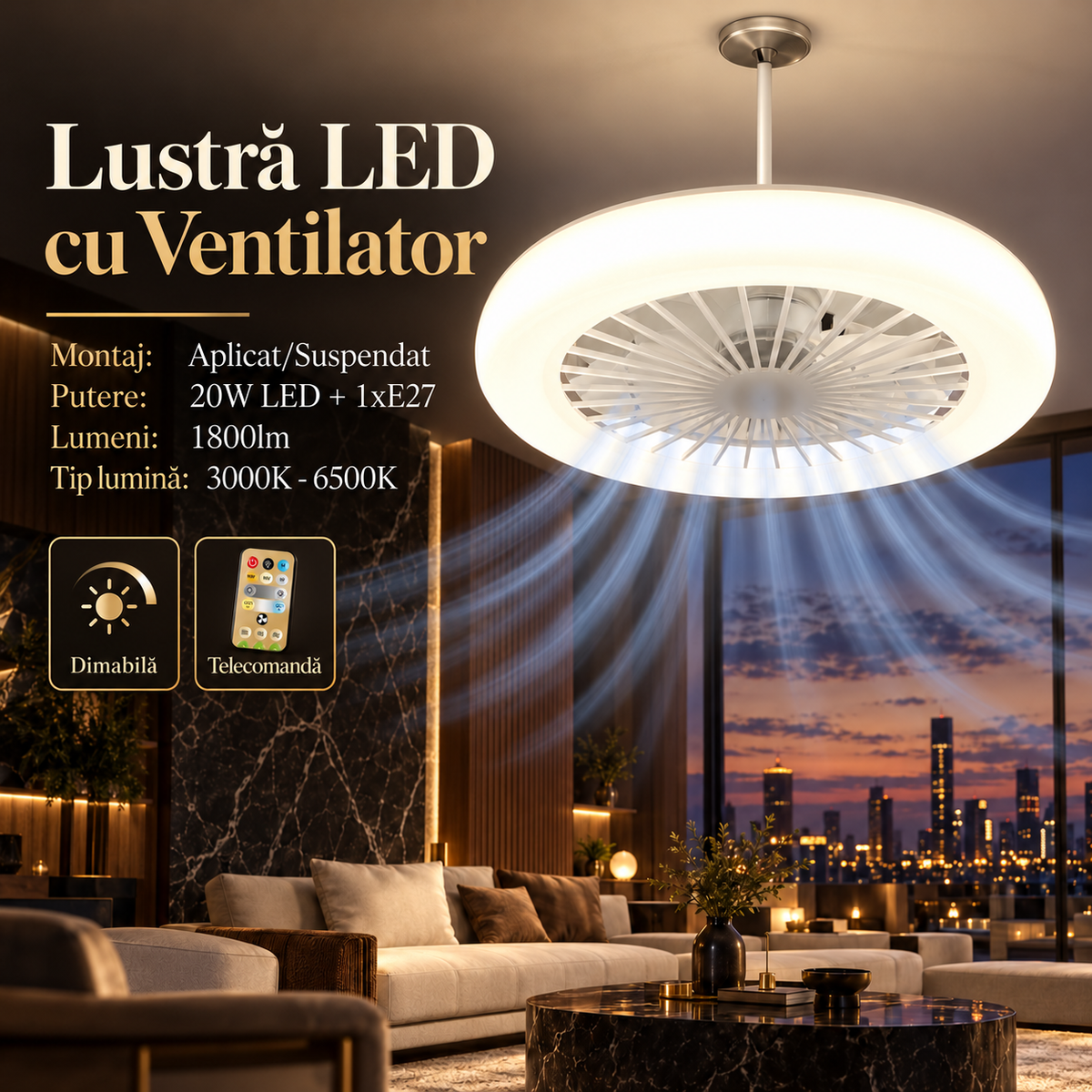 Lustră LED cu Ventilator cu bec E27, Aplicată/Suspendată (2IN1), Telecomandă