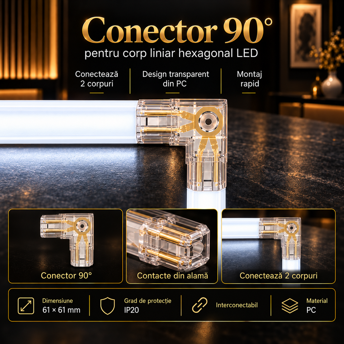 Conector HEGZA 90° pentru 2 x Corp Liniar Hexagonal LED