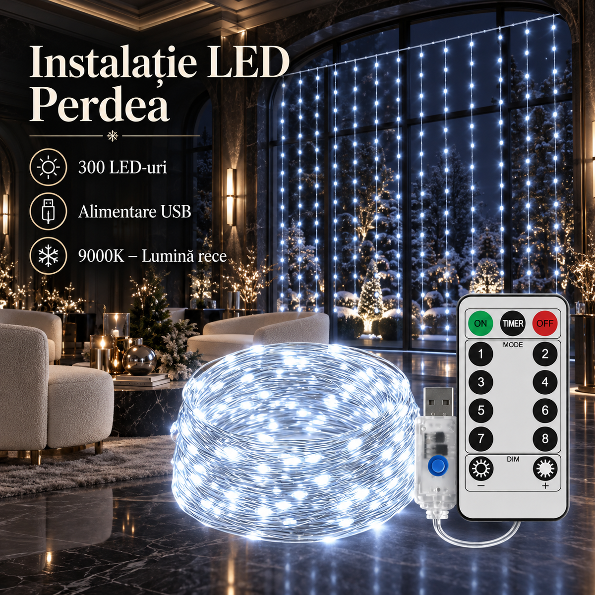 Instalatie LED Perdea Ploaie 300 LED-uri 3M×3M | 8 Moduri | Telecomanda | USB | 9000K