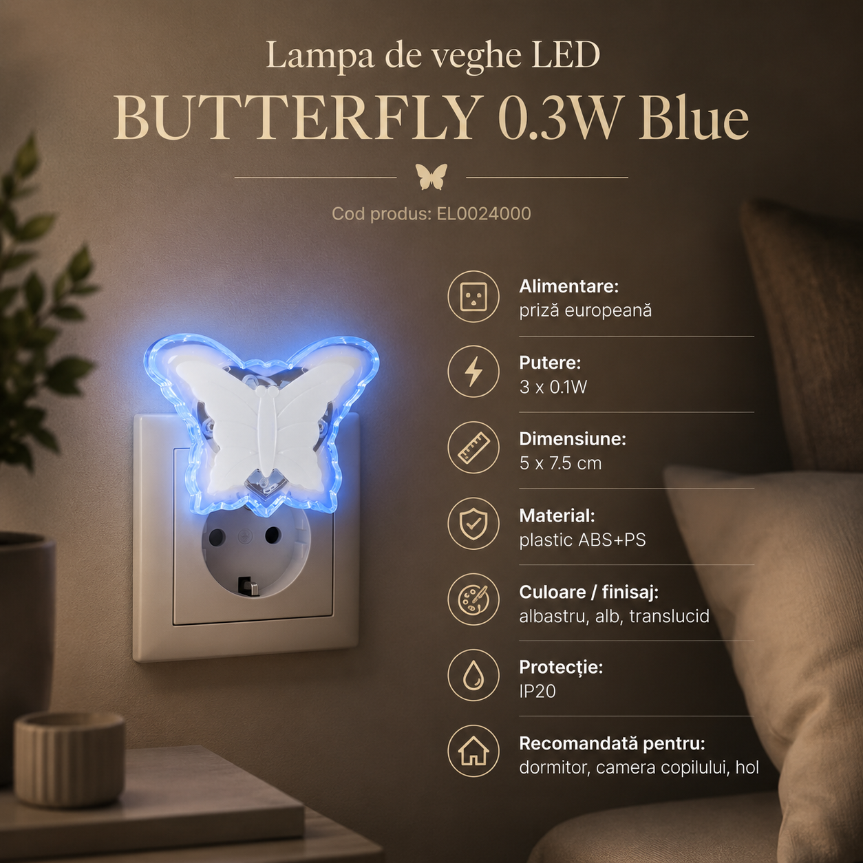 Lampa de veghe LED BUTTERFLY 0.3W Blue