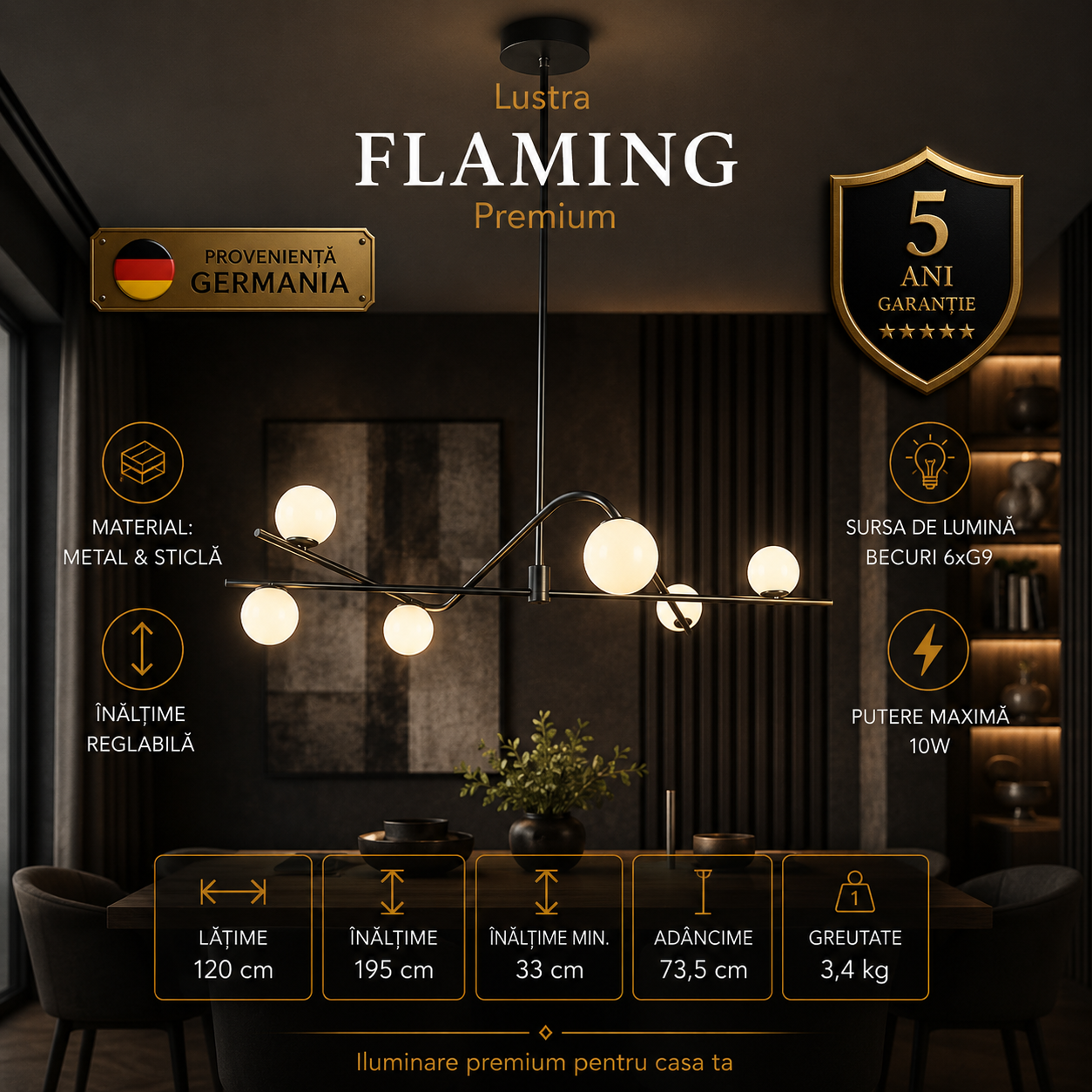 Lustra Premium Flaming Black & Gold 6xG9