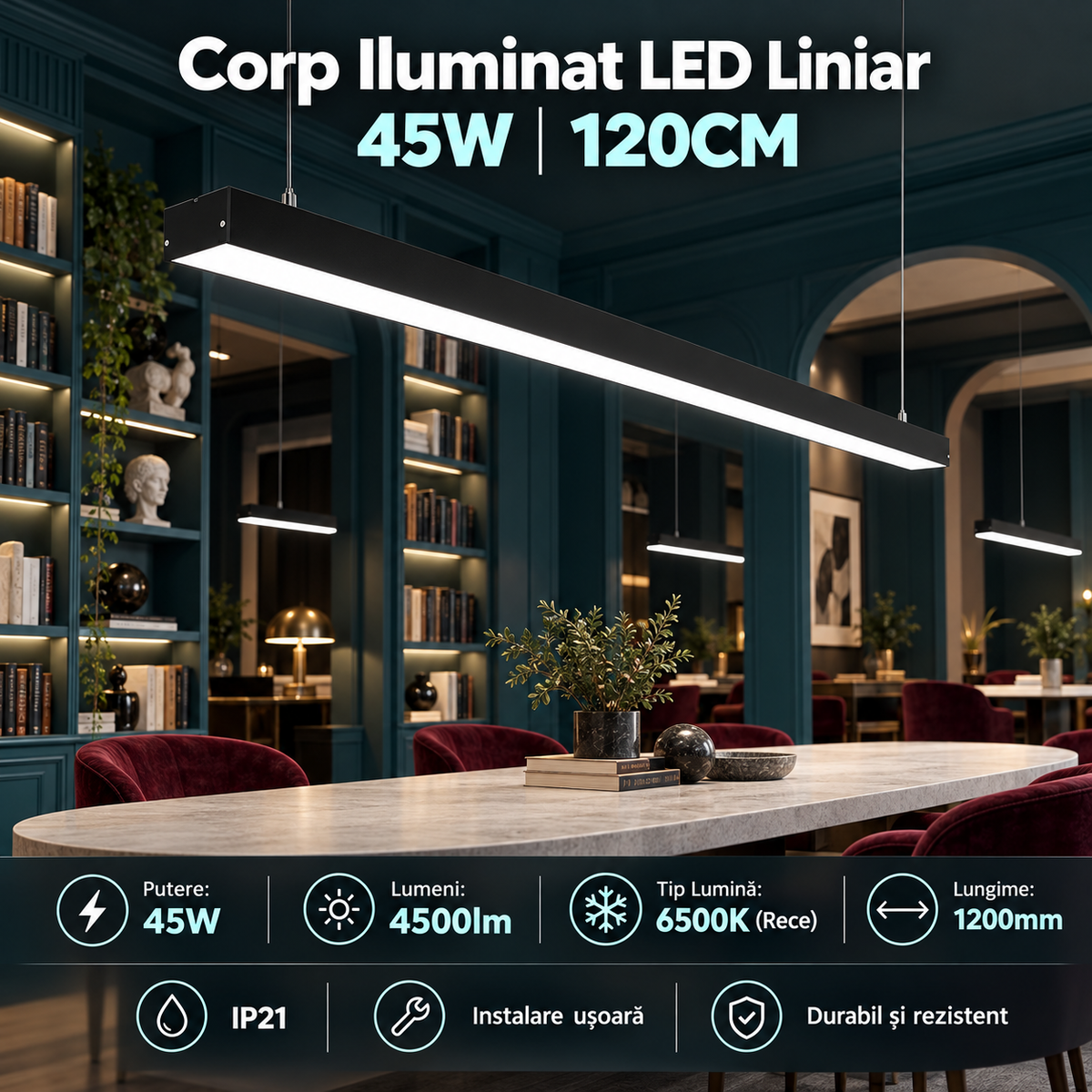 Corp Iluminat LED Liniar BRILLOX 45W 120cm Suspendat/Aplicat Negru