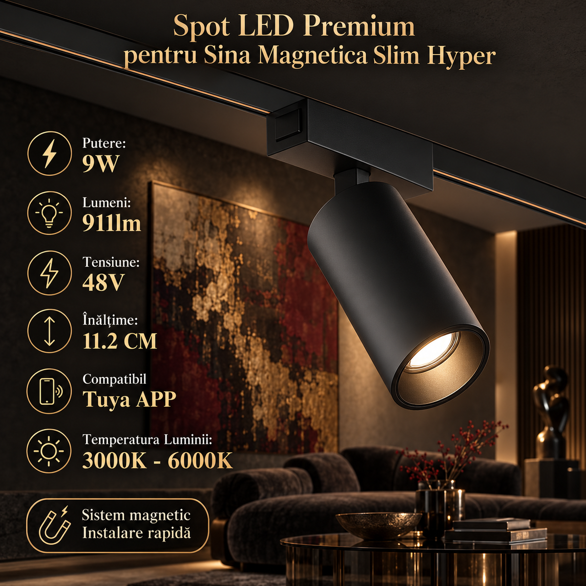 Spot LED Magnetic Rotund Premium Hyper Black 9W | ⌀4.4CM | 48V | 3 Tipuri de Lumina