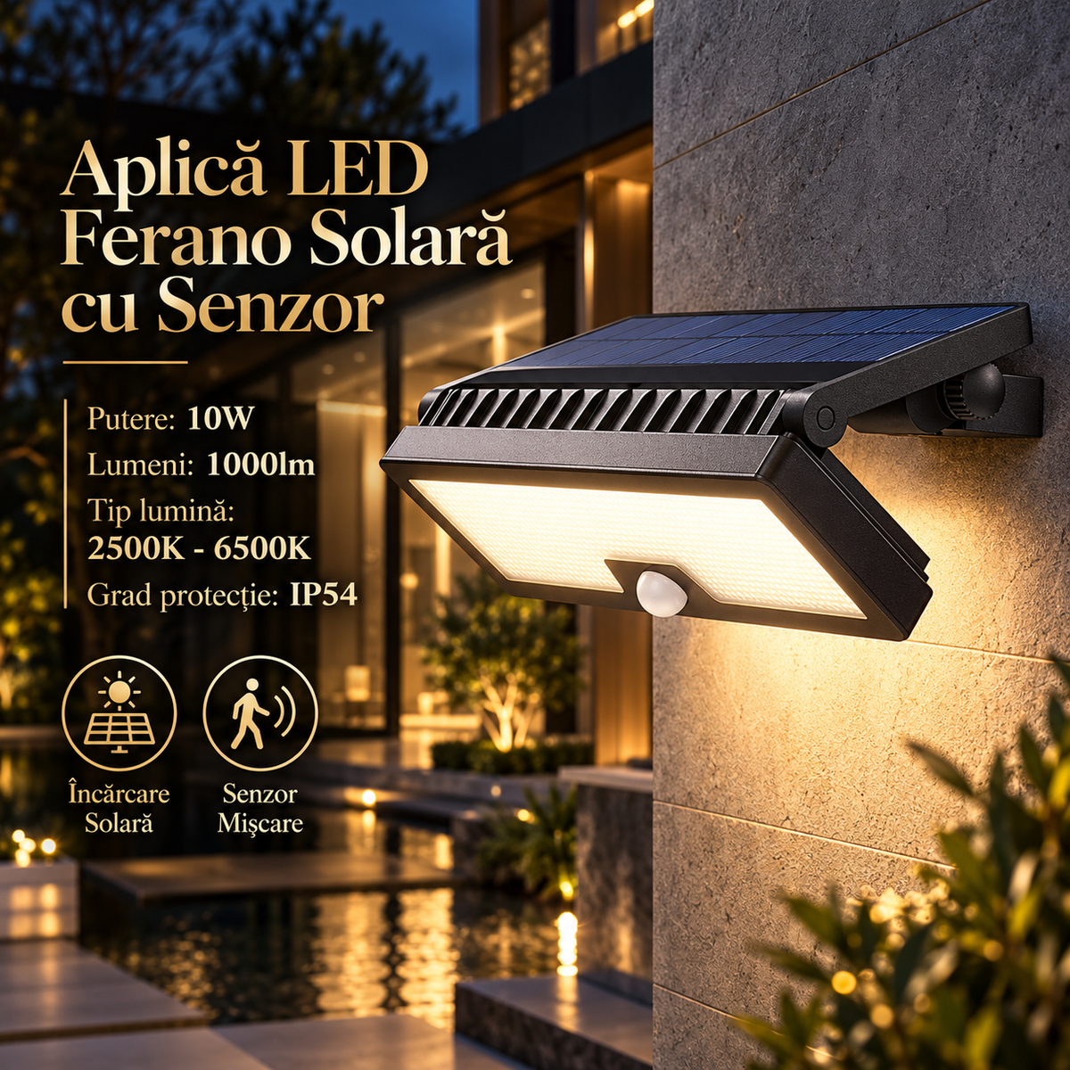 Aplica Solara LED Exterior 10W FERANO Senzor 3 Lumini