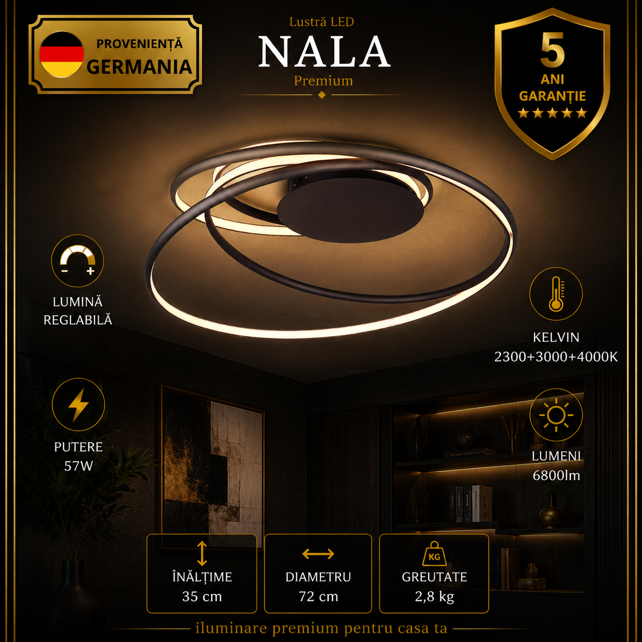 Lustra LED Premium Nala Black Echivalent 700W