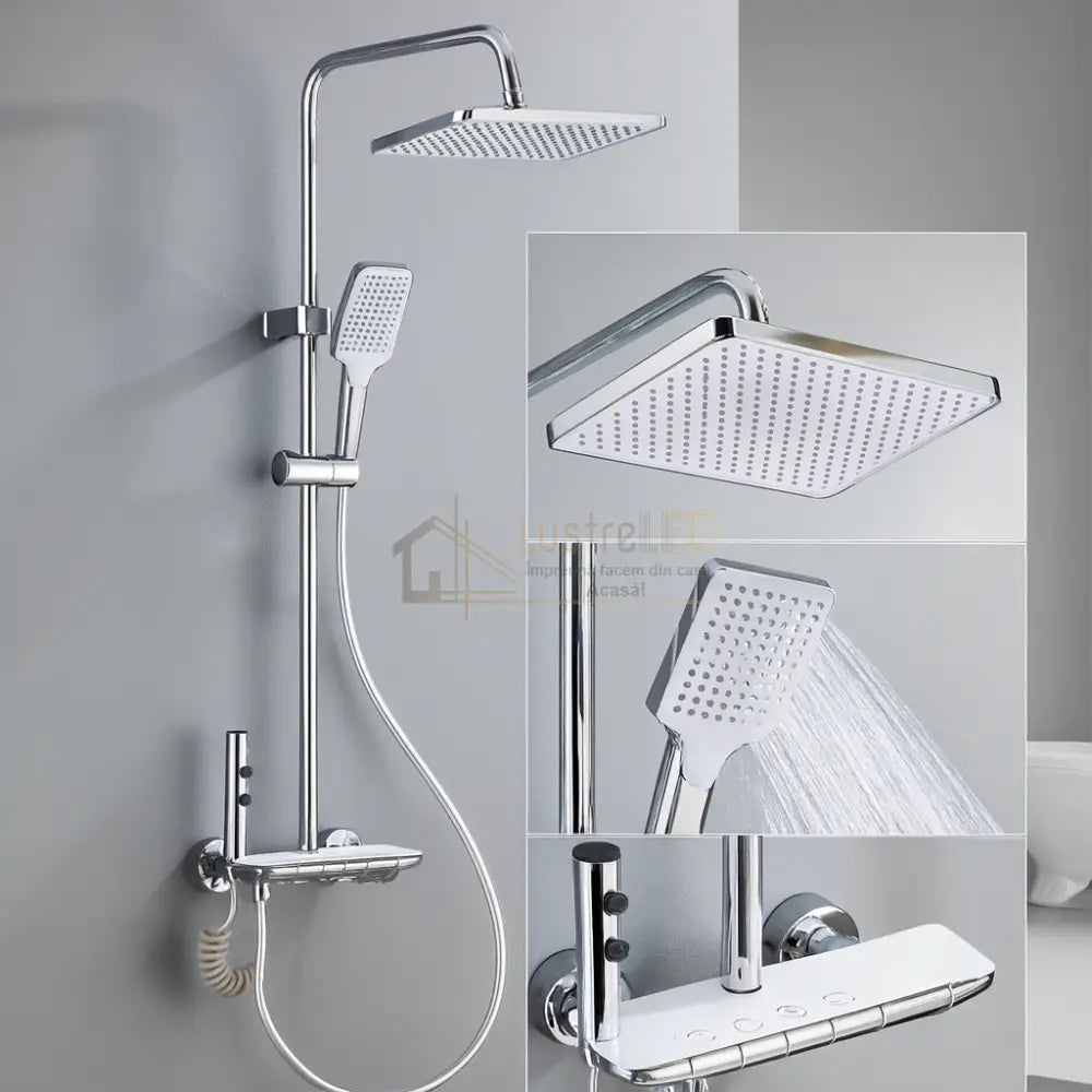 Coloana de Dus 4 Functii Cromata cu Polita din Sticla Alba