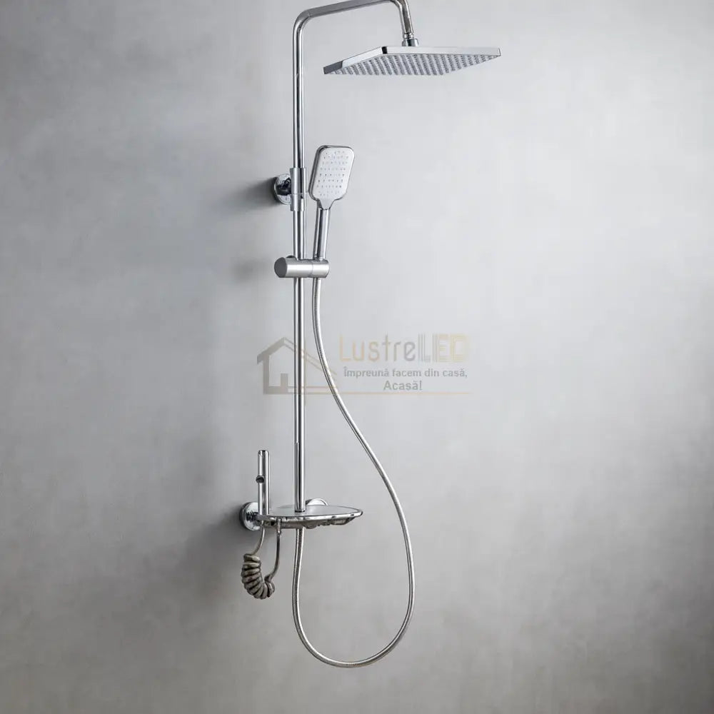 Coloana de Dus 4 Functii Cromata cu Polita din Sticla Alba