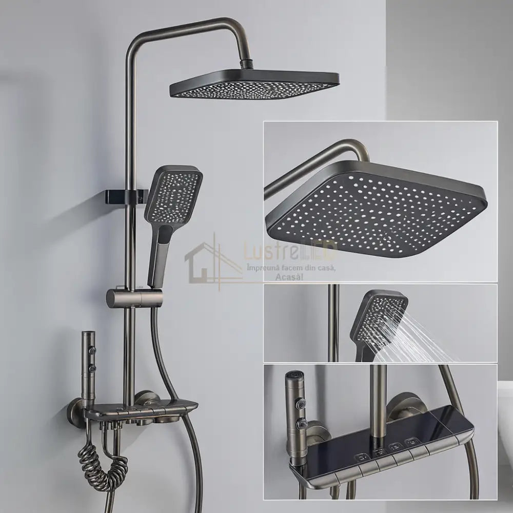 Coloana de Dus 4 Functii Gri Antracit cu Polita din Sticla