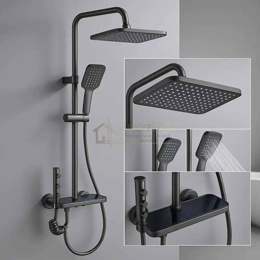 Coloana de Dus 4 Functii Negru Mat cu Polita din Sticla