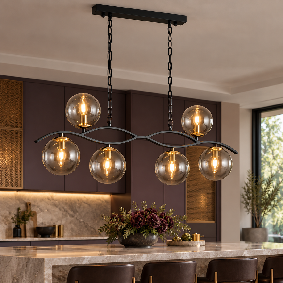 Lustra Liniara cu Abajur ONYX Black & Gold 6xE27 Sticla Fumurie 85CM