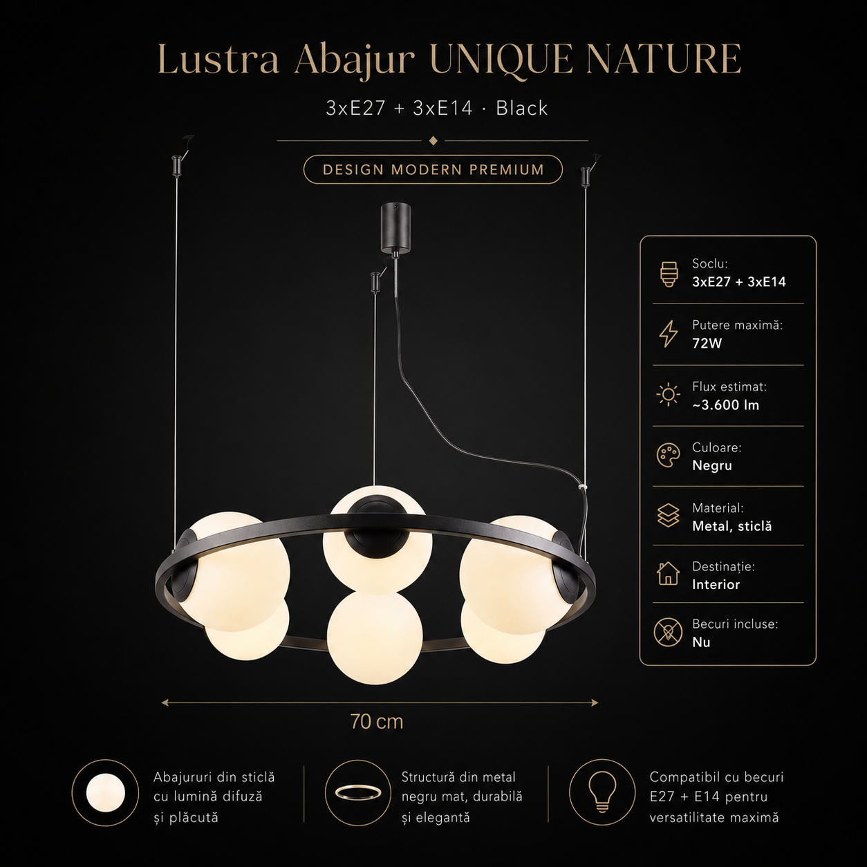 Lustra Abajur UNIQUE NATURE 3xE27 + 3xE14 Black