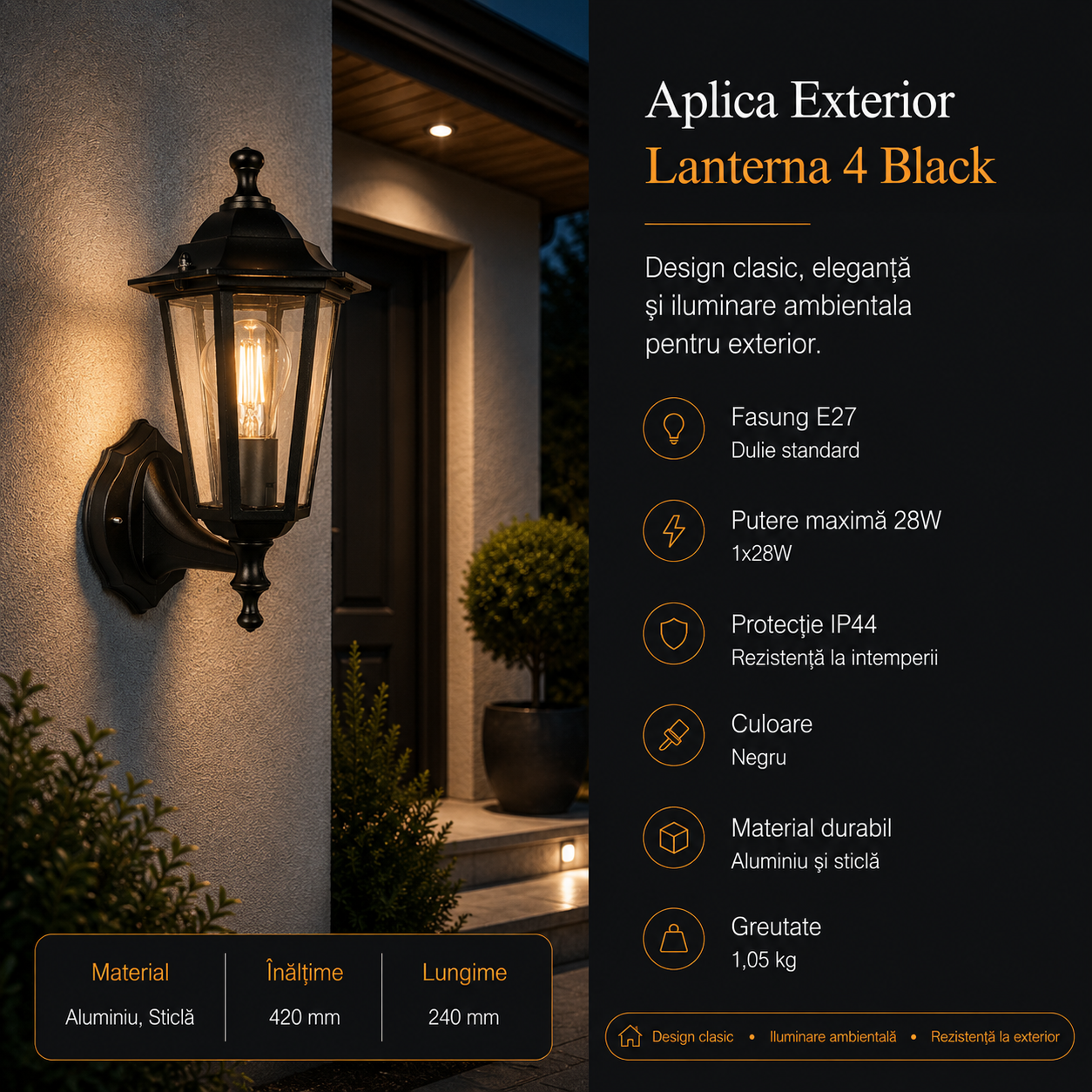 Aplica Exterior Tip Felinar Lanterna 4 Black IP44 Eglo 1xE27 Resigilat R2