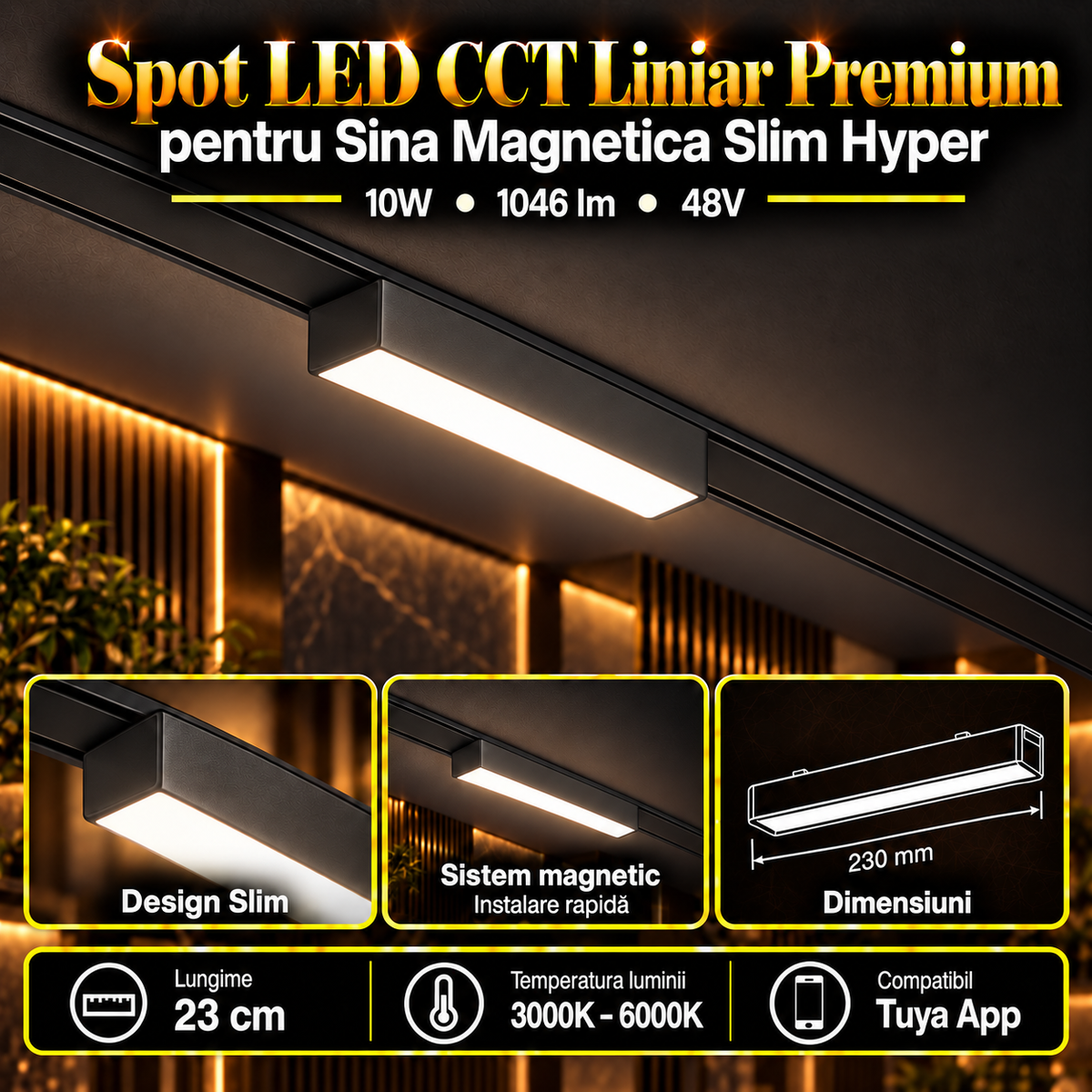 Spot LED Magnetic Liniar Premium Hyper Black 10W | 23CM | 48V | 3 Tipuri de Lumina