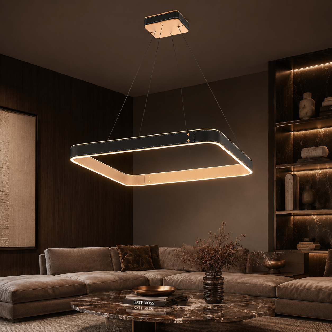 Lustra LED Suspendata LEATHER Unique. Square Black Echivalent 200W