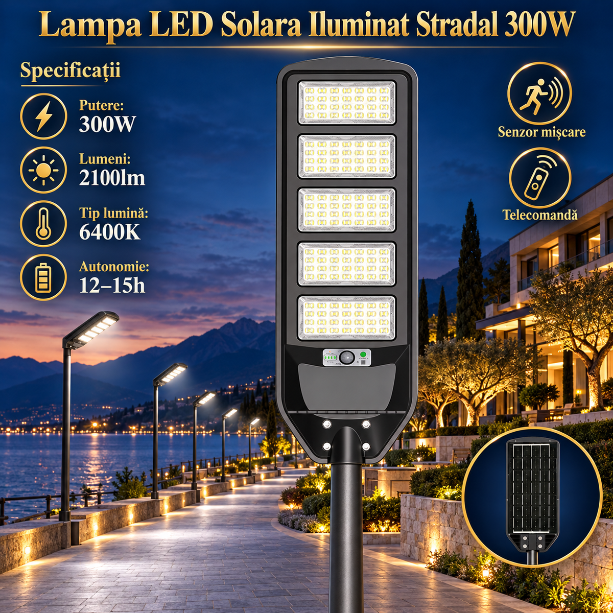 Lampa LED Solara Grand Pro cu Senzor Miscare si Telecomanda 300W | 6400K