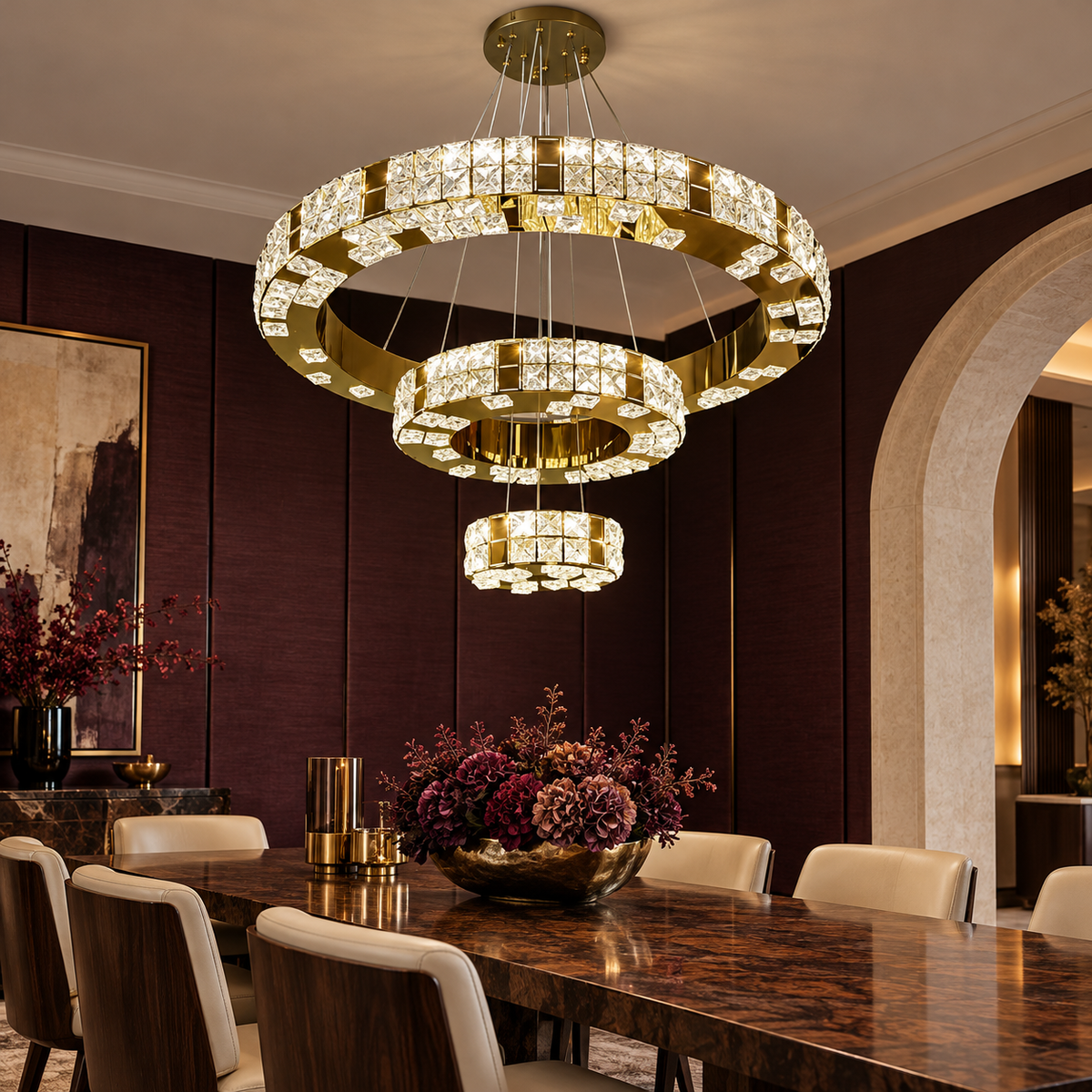 Lustra LED Cristal Gold Royal 3 Segmente Echivalent 1000W Telecomanda